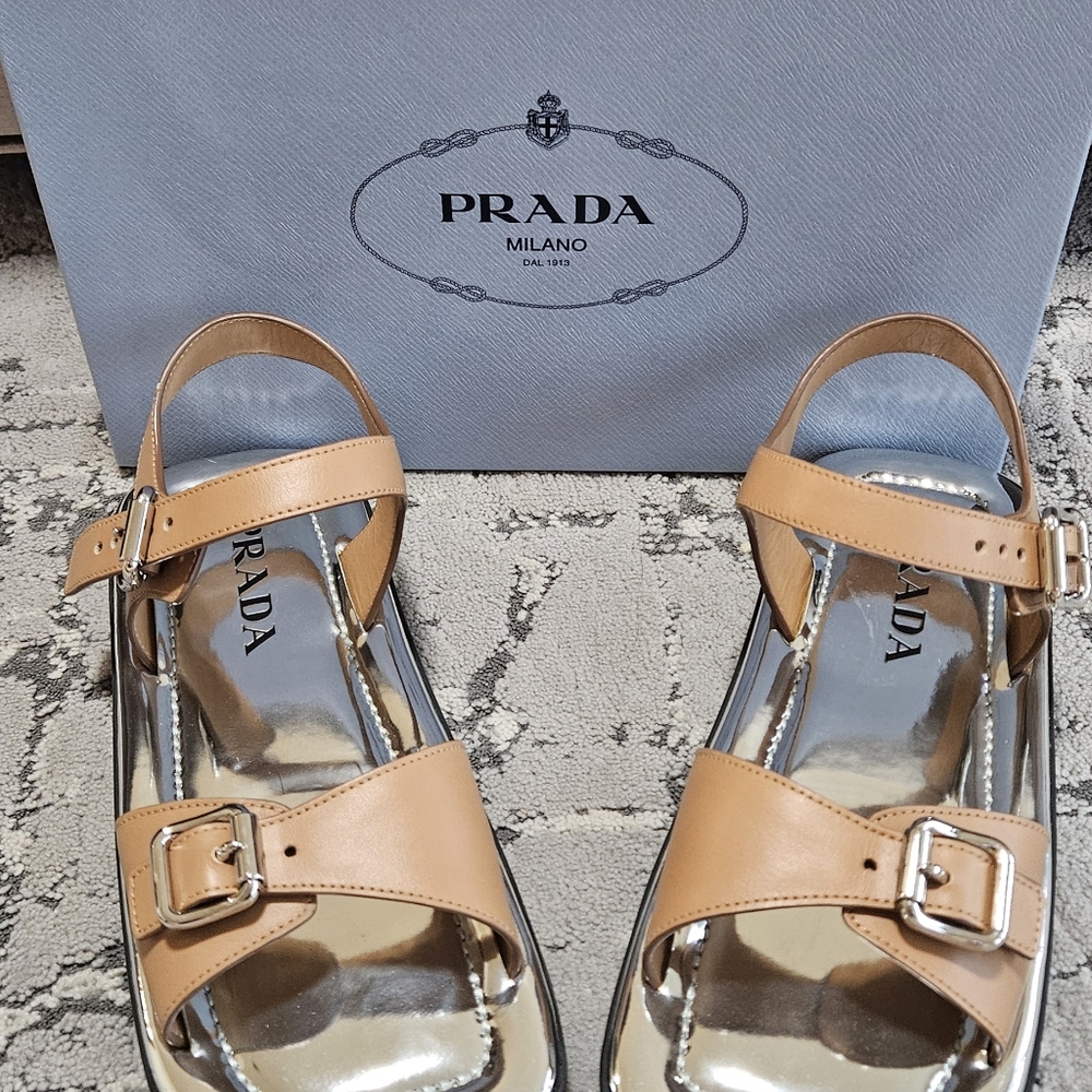 Prada Doble Buckle Sandal in Natural/Silver